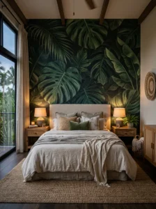 Bold tropical leaf wallpaper creating a resort-inspired bedroom