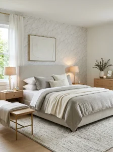 Soft gray marble-look wallpaper in an elegant bedroom