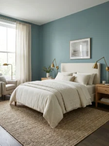 Muted teal bedroom walls with cream bedding and brass accents