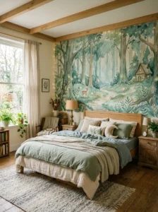 Watercolor forest mural wallpaper in a dreamy bedroom