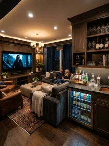 Media room with a compact built-in beverage station and storage cabinets.