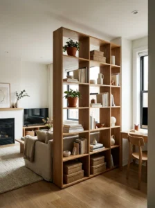 Open wooden bookshelf used as a stylish room divider between a living room and home office.