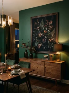 Dark botanical artwork above a walnut dining room sideboard.