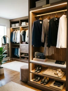 Curated display of favorite clothing and accessories in a closet.