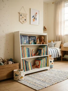 Low child-height bookshelf filled with books in a young boy’s bedroom.