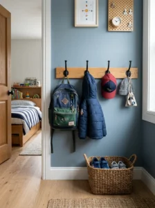 Child-height wall hooks holding a backpack and coat in a boy’s bedroom.