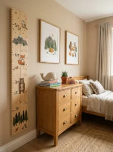 Decorative growth chart displayed on the wall of a boy’s bedroom.