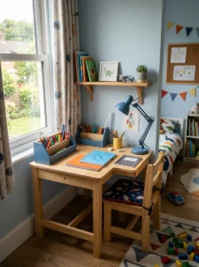 Road-pattern play rug used as a toy car surface in a boy’s bedroom.