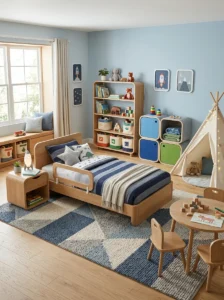 Small whiteboard and creative drawing area in a young boy’s bedroom.