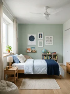 Young boy’s bedroom with a ceiling fan and comfortable bedding.