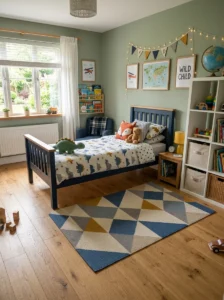 Durable area rug providing comfort beside the bed in a boy’s bedroom.