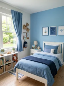 Blue curtains matching the accent wall in a young boy’s bedroom.