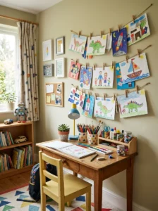 Children’s artwork displayed with clips on a bedroom wall.