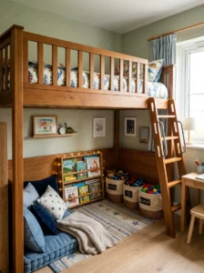 Small boy’s bedroom with a loft bed and play area underneath.