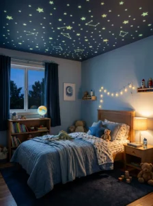Cozy boy’s bedroom with glow-in-the-dark stars on the ceiling.