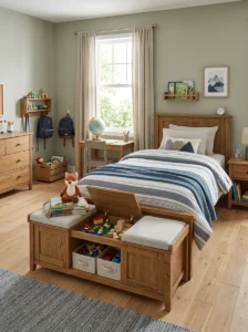 Storage bench providing seating and toy storage in a boy’s bedroom.
