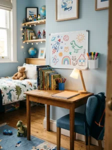 Young boy’s bedroom with rounded-edge child-friendly furniture.