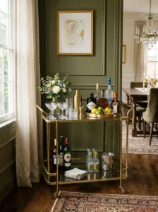 Brass and glass bar cart styled in an elegant dining room.