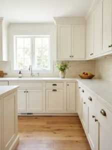 Freshly painted warm white kitchen cabinets