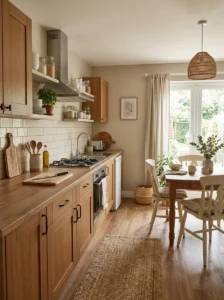 Wood-look laminate countertop in a warm kitchen breakfast area.