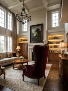 Tall burgundy high-back accent chair creating drama in a living room.