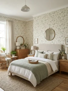 Soft botanical wallpaper in a calming bedroom