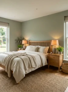 Soft sage green bedroom walls with warm wood furniture and cream bedding