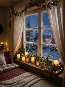 Small pine Christmas wreath decorating a bedroom door