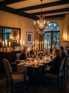 Candlelit elegant dining room with warm ambient lighting.