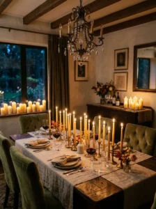 Candlelit dining room with taper candles and warm ambient lighting.