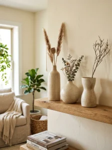 Three coordinating ceramic vases arranged on a living room floating shelf.