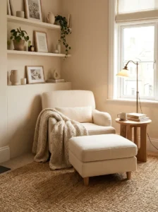 Comfortable accent chair paired with an ottoman in a cozy living room.