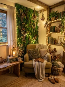 Moss wall accent behind a reading chair in a fairy bedroom.