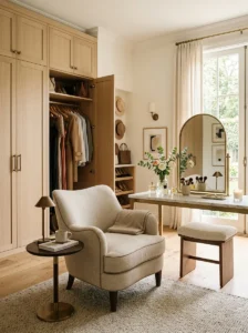 Upholstered accent chair providing comfortable seating in a dressing room.