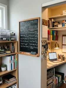 Small inventory chalkboard near a walk-in closet workspace.