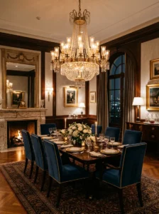 Brass and glass chandelier above an elegant dining table.