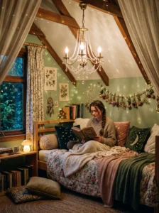 Delicate glass-beaded chandelier above a fairy bedroom reading nook.