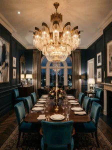 ramatic brass and glass chandelier above an elegant dining table.