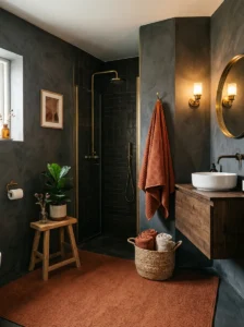 Terracotta towels and natural accents warming a charcoal bathroom