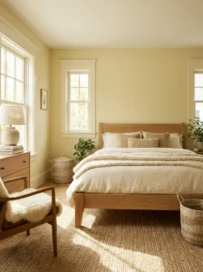 Buttery yellow bedroom walls with warm wood furniture and cream bedding