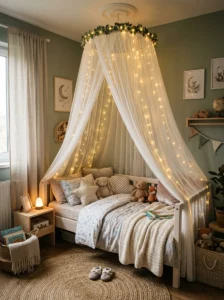 Canopy bed with sheer fabric and fairy lights in a magical bedroom.