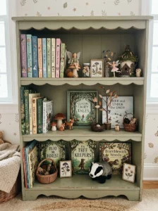 Fairy-themed bookshelf displaying books and woodland decorations.