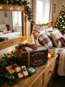 Personalized Christmas Eve box displayed in a festive bedroom