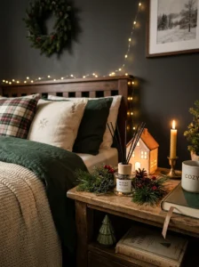 Christmas-scented diffuser on a cozy bedroom nightstand