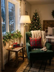Pinecones and natural greenery displayed on a Christmas bedroom nightstand