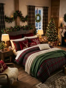 Red and green plaid flannel bedding in a cozy Christmas bedroom