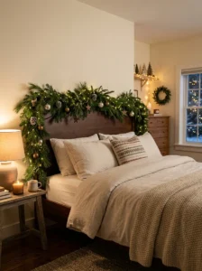 Pine Christmas garland decorated along a bedroom headboard