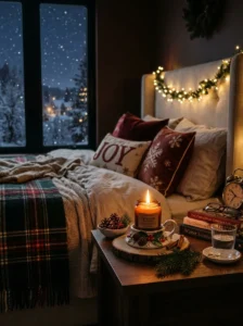 Holiday-scented candle creating a cozy Christmas bedroom atmosphere
