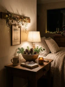 Personalized Christmas throw pillow on a cozy bedroom bed