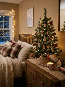 Small tabletop Christmas tree decorated on a bedroom dresser